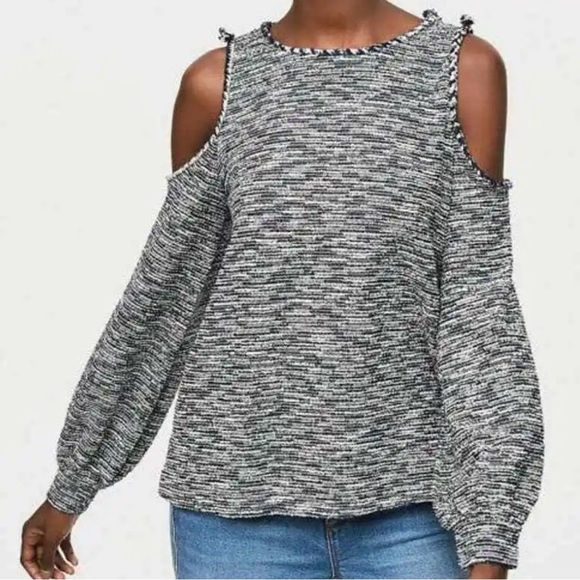 LOFT Tops - Loft Navy Tweed Cold Shoulder Blouse